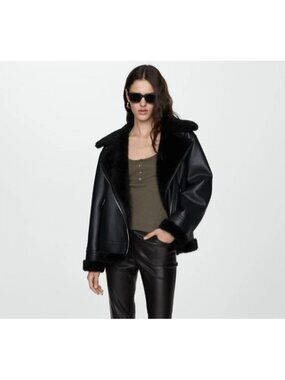 MNG Mango Faux Shearling Moto Jacket M Black Faux Leather Asymmetric Zip Biker